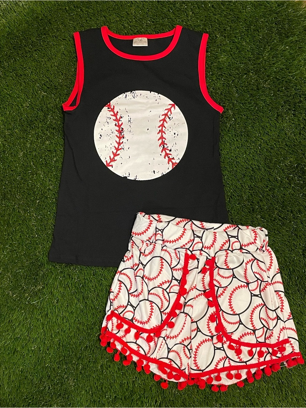 Girl’s Boutique Baseball Print Tank & Pom Pom Shorts Set - Black & Red